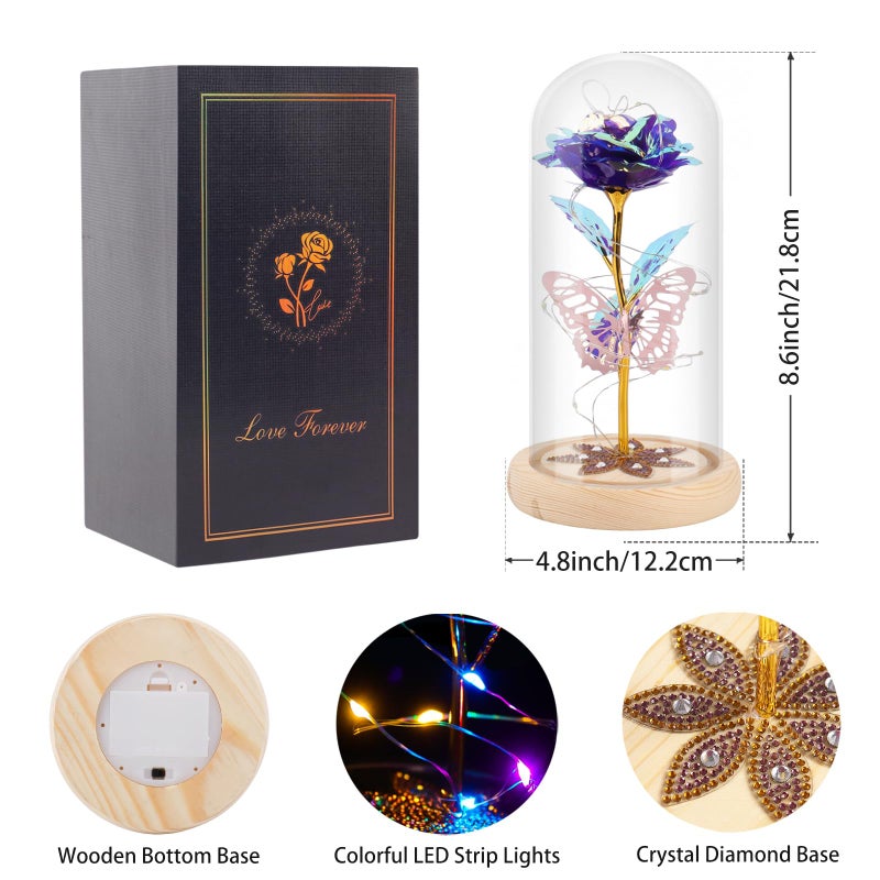 Beferr Beferr Gifts for Women Mom Birthday Gifts Galaxy Rose Eternal Colorful Rainbow Flower Gifts Light Up Rose in Glass Dome Mothers Day Rose Gifts for Grandma Daughter Wife Sister Friends Purple - Image 3