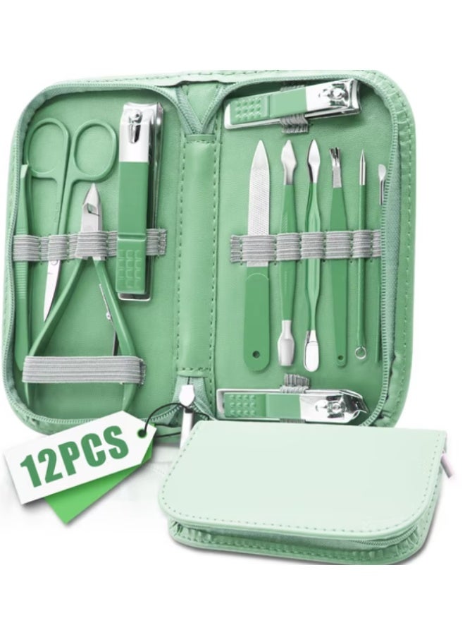 Nail Clipper Manicure Set, Manicure Pedicure Kit Professional, Travel Manicure Set for Women Men, Manicure & Pedicure Tools & Accessories, Nail Care Tool with Green Leather Travel Bag, Set 12 in 1
