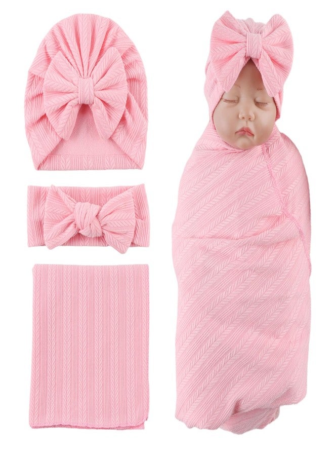 OMUKY Newborn Receiving Blanket Bow Headband and Beanie Set Baby Swaddle Receiving Blankets Baby Boy Girls Nursery Swaddle Wrap(Light Pink) - Image 1