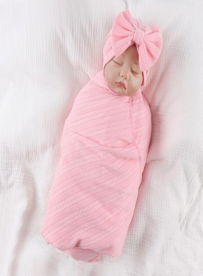 OMUKY Newborn Receiving Blanket Bow Headband and Beanie Set Baby Swaddle Receiving Blankets Baby Boy Girls Nursery Swaddle Wrap(Light Pink) - Image 3