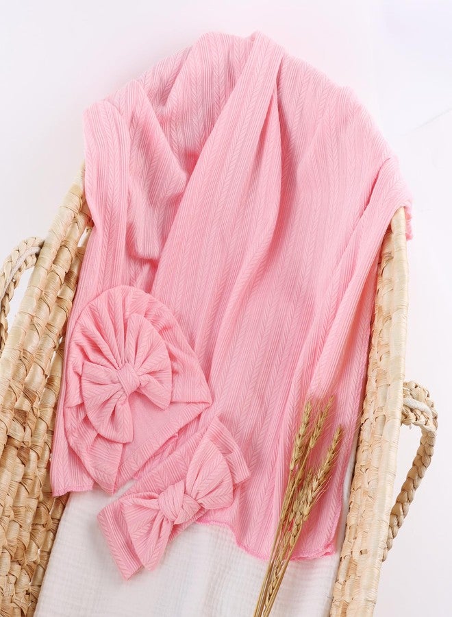 OMUKY Newborn Receiving Blanket Bow Headband and Beanie Set Baby Swaddle Receiving Blankets Baby Boy Girls Nursery Swaddle Wrap(Light Pink) - Image 4