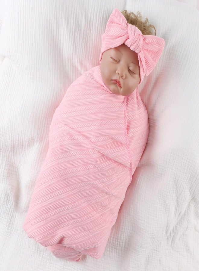 OMUKY Newborn Receiving Blanket Bow Headband and Beanie Set Baby Swaddle Receiving Blankets Baby Boy Girls Nursery Swaddle Wrap(Light Pink) - Image 2