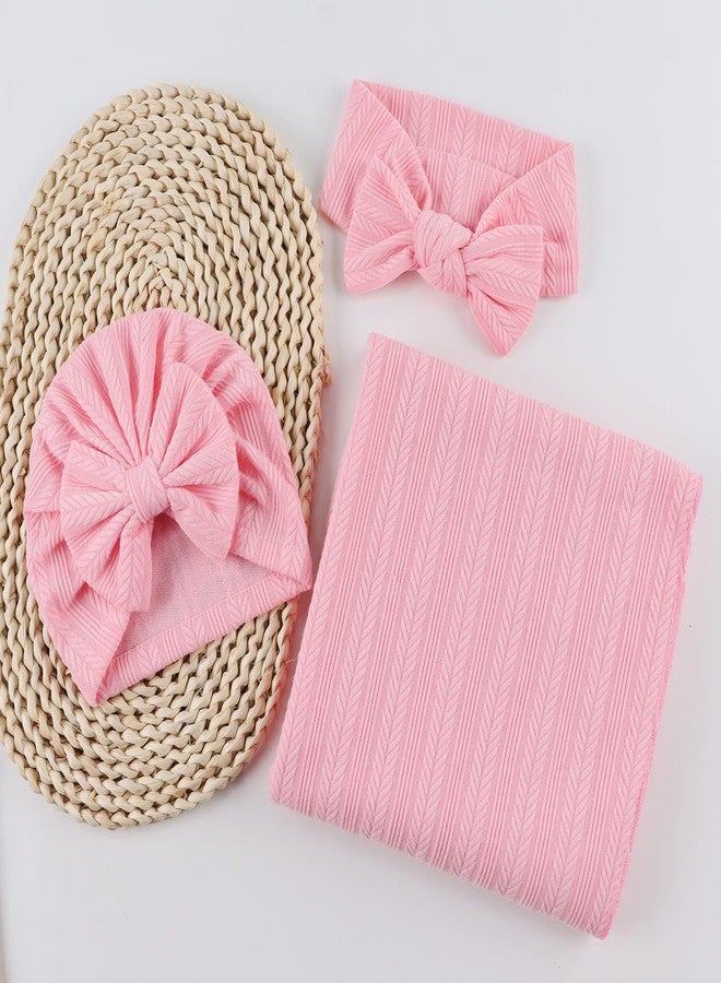 OMUKY Newborn Receiving Blanket Bow Headband and Beanie Set Baby Swaddle Receiving Blankets Baby Boy Girls Nursery Swaddle Wrap(Light Pink) - Image 5