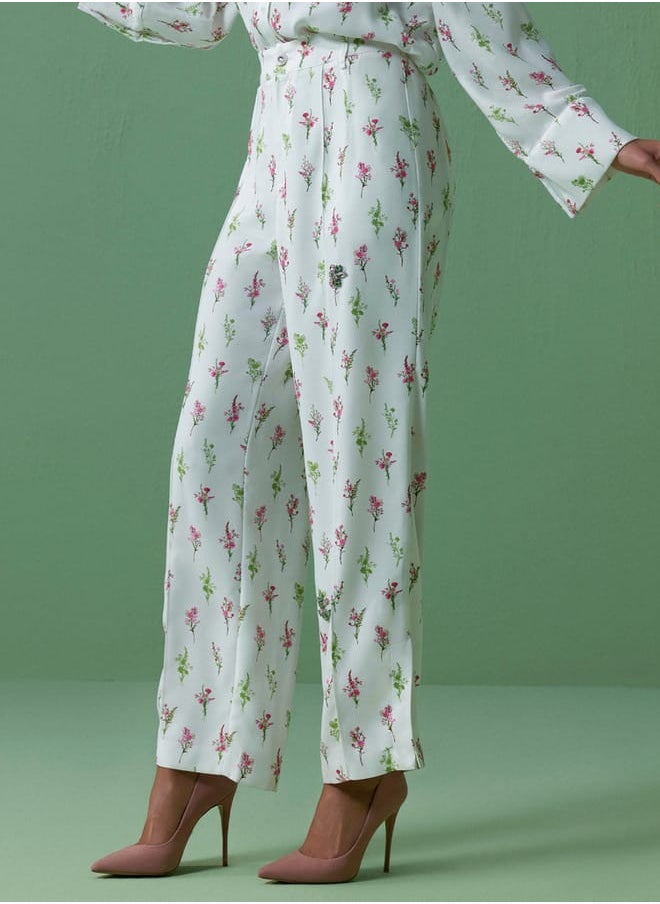 Iconic Iconic All-Over Floral Print Pants with Slit Detail and Semi-Elasticated Waist  - Image 1