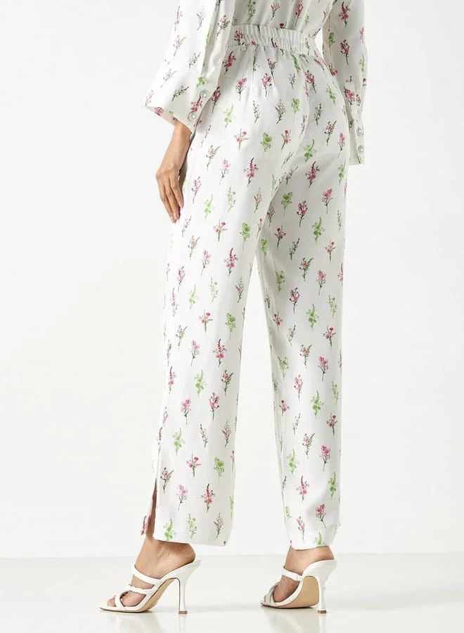 Iconic Iconic All-Over Floral Print Pants with Slit Detail and Semi-Elasticated Waist