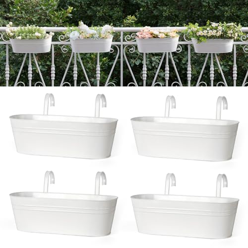 Dahey 4 Pcs Metal Iron Hanging Flower Pots for Railing Fence 157 Inch Hanging Bucket Pots Countryside Style Window Flower Plant Holder with Detachable Hooks for Garden Yard Home Decor White - Image 1