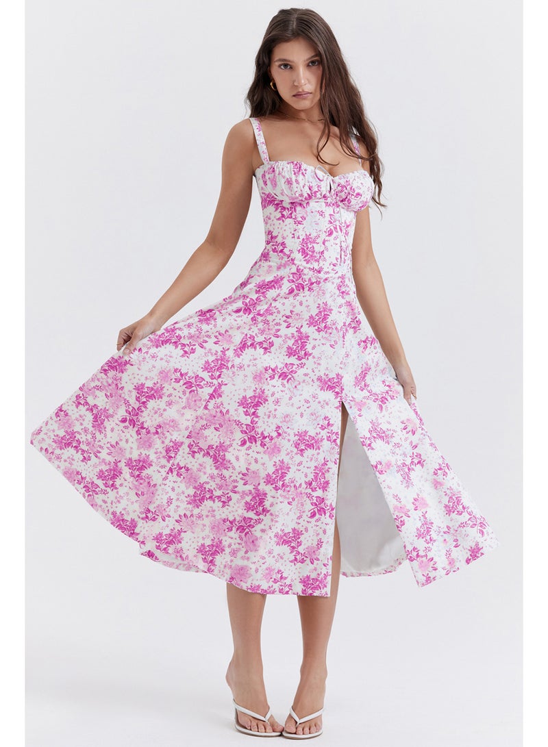 SCACTO Floral Print Bustier Top Lace Up Split Midi Dress 