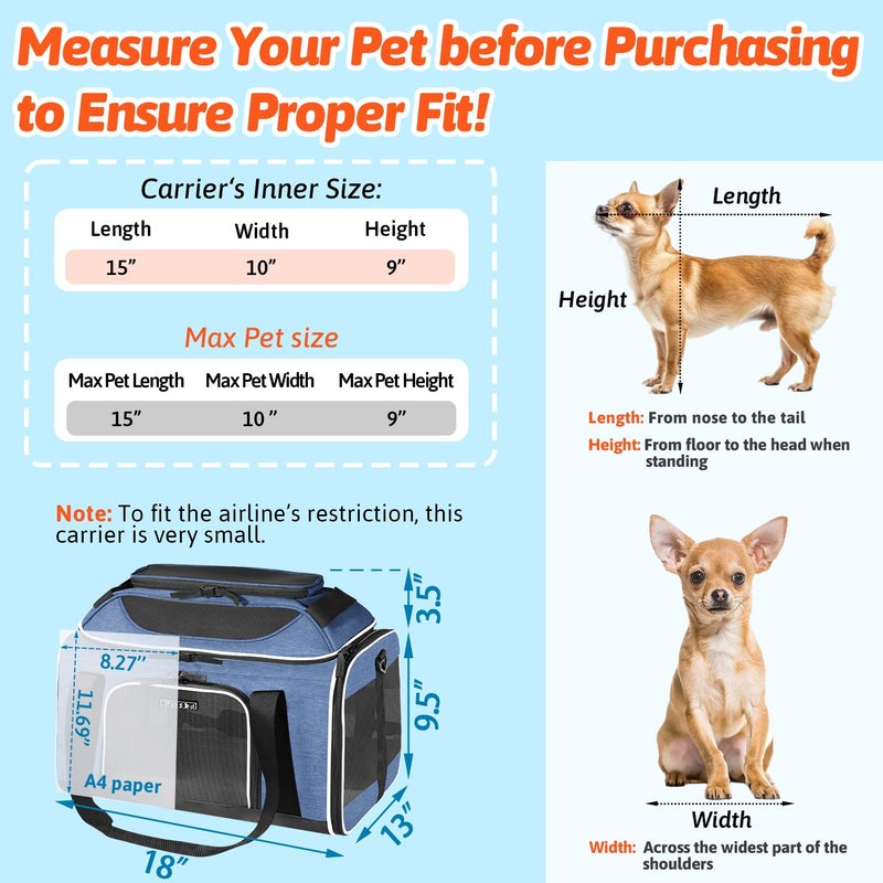 Petskd Top-Expandable Pet Carrier 18x13x9.5 Inches Southwest Airline Approved, Soft-Sided Carrier for Small Cats and Dogs with Locking Safety Zippers and Anti-Scratch Mesh(Blue) - Image 3
