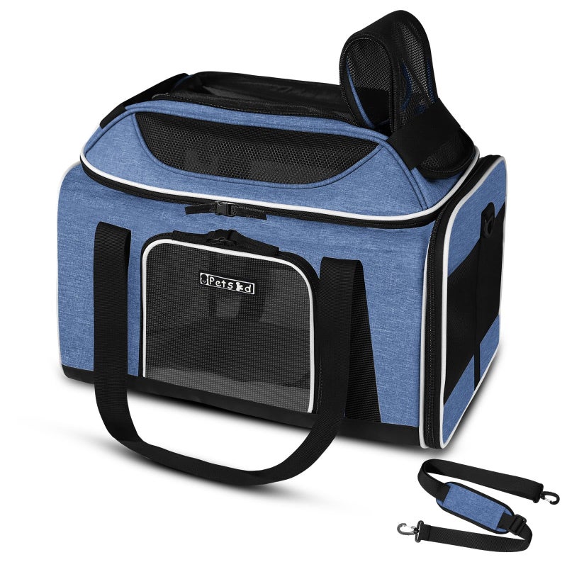 Petskd Top-Expandable Pet Carrier 18x13x9.5 Inches Southwest Airline Approved, Soft-Sided Carrier for Small Cats and Dogs with Locking Safety Zippers and Anti-Scratch Mesh(Blue) - Image 1