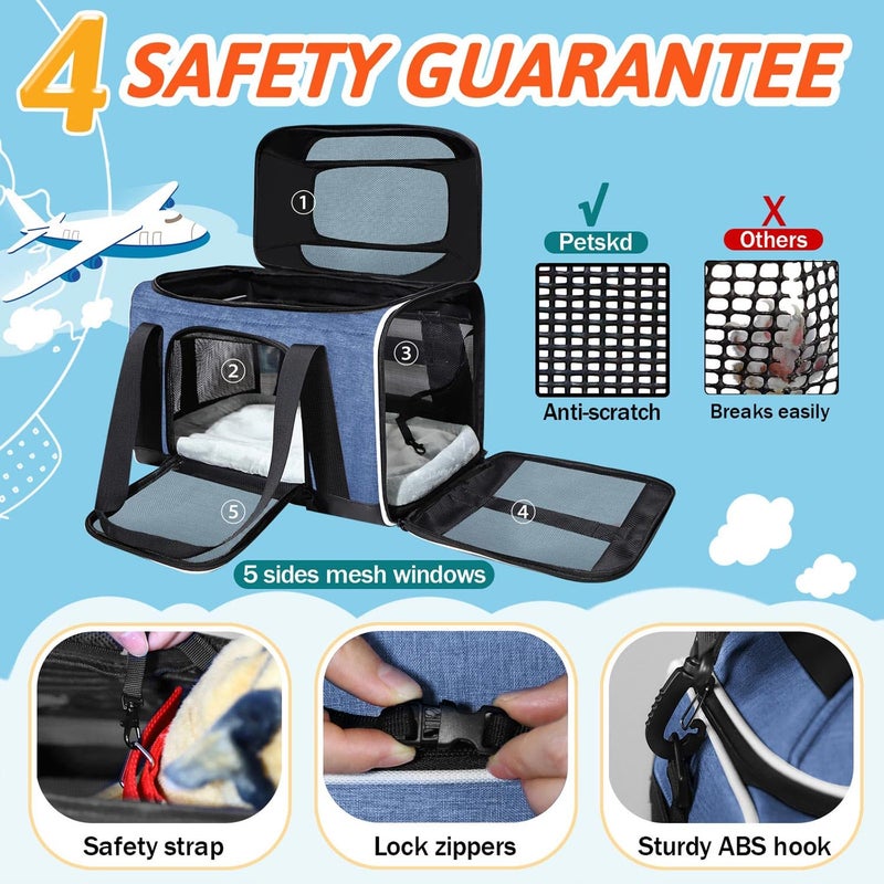 Petskd Top-Expandable Pet Carrier 18x13x9.5 Inches Southwest Airline Approved, Soft-Sided Carrier for Small Cats and Dogs with Locking Safety Zippers and Anti-Scratch Mesh(Blue) - Image 5