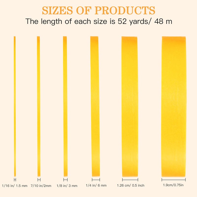 Chinco شريط تزيين شينكو 6 لفات 1/16، 7/10، 1/8، 1/4، 1/2 و 3/4 بوصة × 52 ياردة، شريط ماسك للدهان للسيارات لأعمال الدهان DIY (أصفر) - Image 2