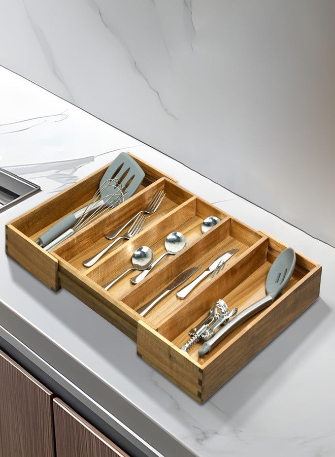 VaeFae Acacia Kitchen Silverware Organizer, Cutlery Drawer Organizer with 5 Compartments, Wooden Utensil Holder for Flatware and Cooking Tools - Image 5