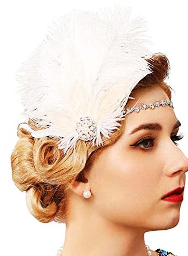 GENBREE 1920s Flapper Headpiece White Feather Headband Rhinestone Hair Accessories for Women and Girls - Image 1