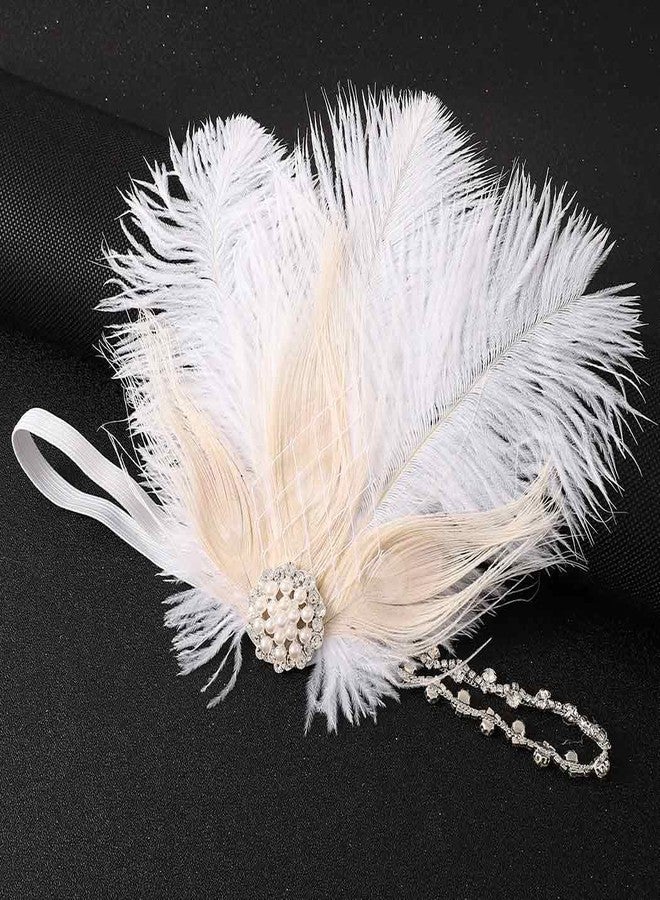 GENBREE 1920s Flapper Headpiece White Feather Headband Rhinestone Hair Accessories for Women and Girls - Image 2