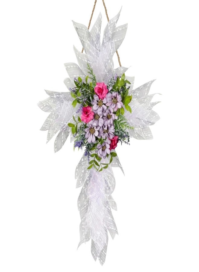 Dingion Spring Wreath for Front Door, Cross Artificial Christian Wreath with Vibrant Rose for Spring Hope, Decoration for Outdoor Indoor Front Door Porch Window Home(Purple Style) - Image 1
