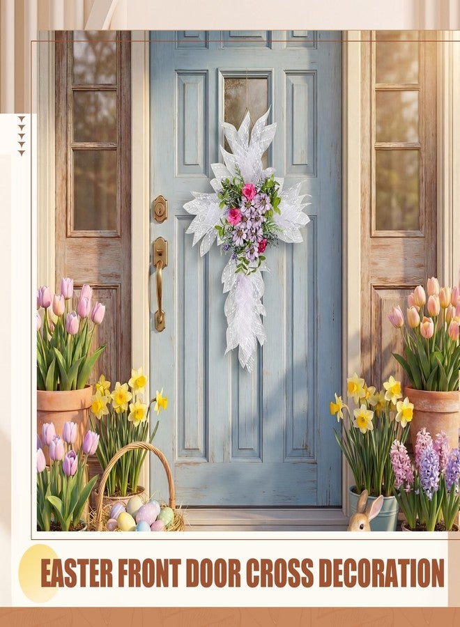 Dingion Spring Wreath for Front Door, Cross Artificial Christian Wreath with Vibrant Rose for Spring Hope, Decoration for Outdoor Indoor Front Door Porch Window Home(Purple Style) - Image 5