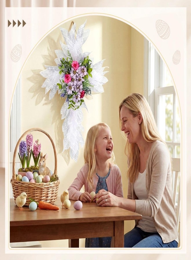 Dingion Spring Wreath for Front Door, Cross Artificial Christian Wreath with Vibrant Rose for Spring Hope, Decoration for Outdoor Indoor Front Door Porch Window Home(Purple Style) - Image 3