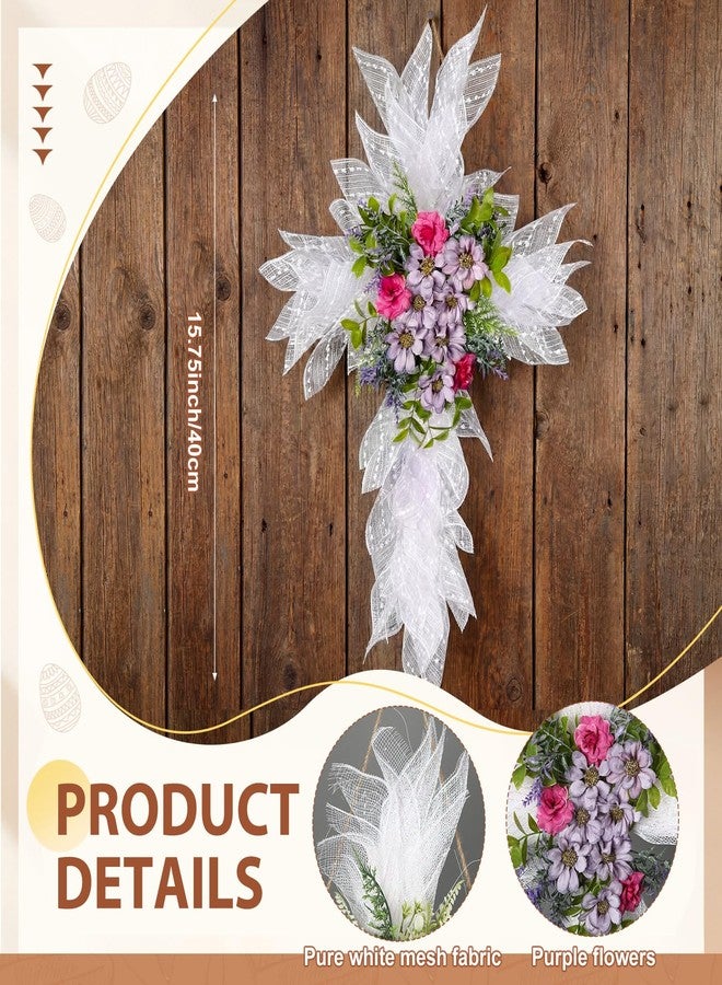 Dingion Spring Wreath for Front Door, Cross Artificial Christian Wreath with Vibrant Rose for Spring Hope, Decoration for Outdoor Indoor Front Door Porch Window Home(Purple Style) - Image 2
