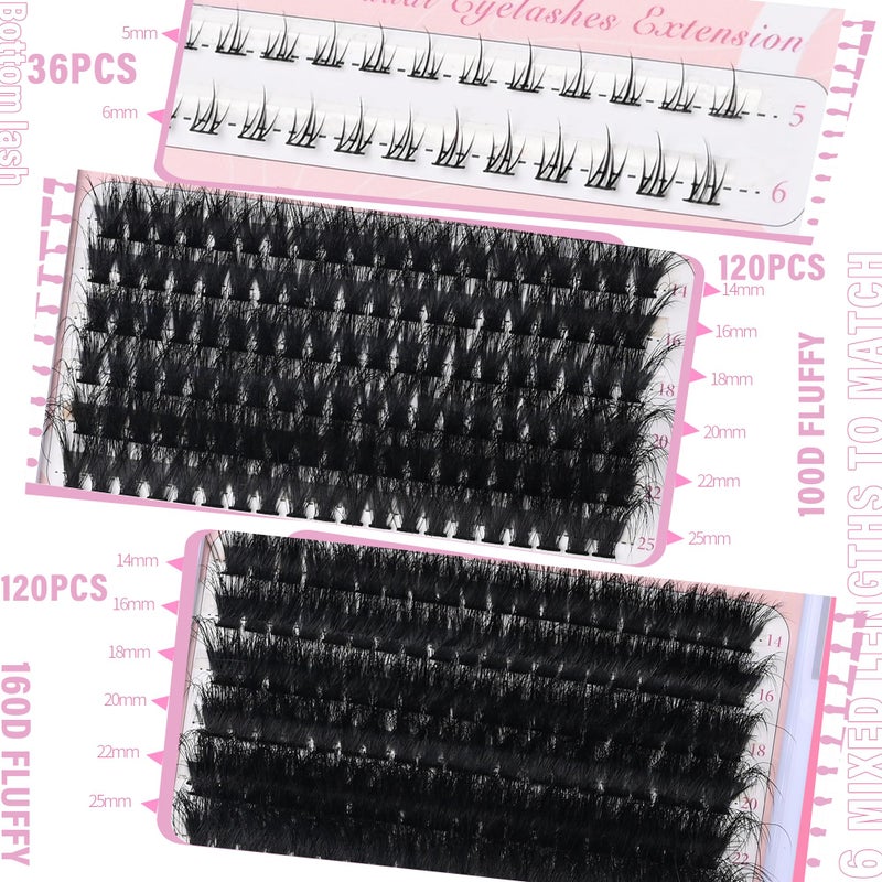 Yaiseiko Fluffy Eyelash Clusters with Bottom Lashes 14-25mm Volume Lash Clusters Eyelash Extensions 100D+160D Individual Lashes Clusters 276pcs DIY D Curl Wispy Plant Fibers Lashes Clusters, by Yaiseiko - Image 2