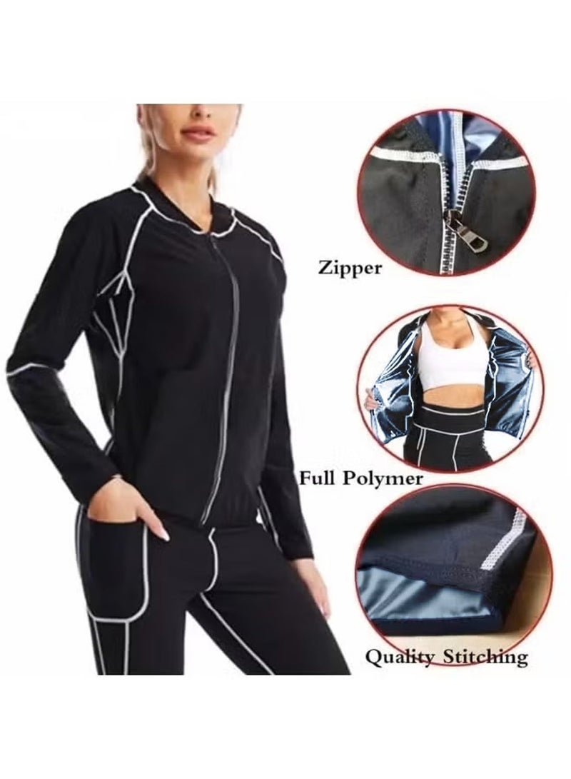 Jourvent Women’s Sauna Suit Set for Weight Loss, Premium High-Quality Breathable Fabric Quick-Dry Sweat-Wicking Compression Outfit, Zipper Long Sleeve Top & High-Waist Shaping Pants with Gloves & Shoe Covers - Image 3