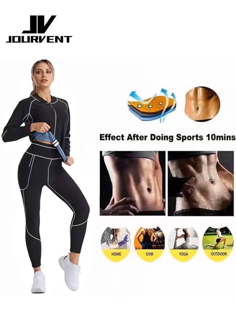 Jourvent Women’s Sauna Suit Set for Weight Loss, Premium High-Quality Breathable Fabric Quick-Dry Sweat-Wicking Compression Outfit, Zipper Long Sleeve Top & High-Waist Shaping Pants with Gloves & Shoe Covers - Image 2