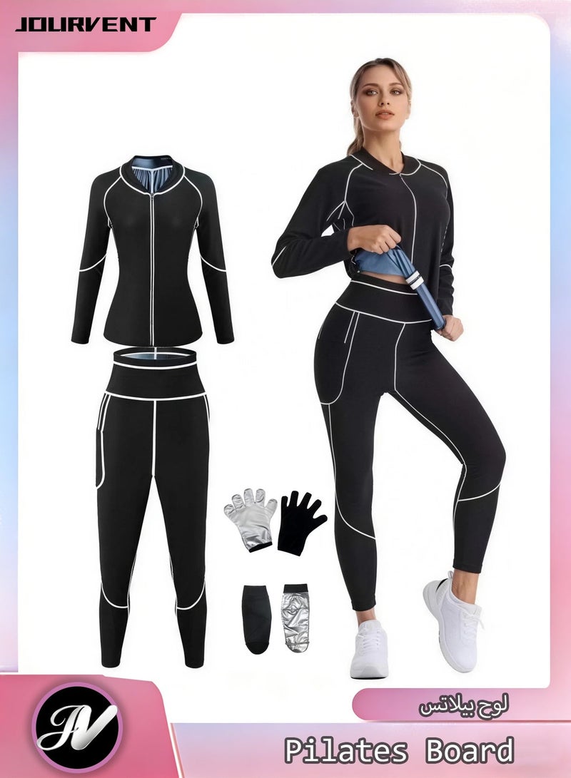 Jourvent Women’s Sauna Suit Set for Weight Loss, Premium High-Quality Breathable Fabric Quick-Dry Sweat-Wicking Compression Outfit, Zipper Long Sleeve Top & High-Waist Shaping Pants with Gloves & Shoe Covers - Image 1
