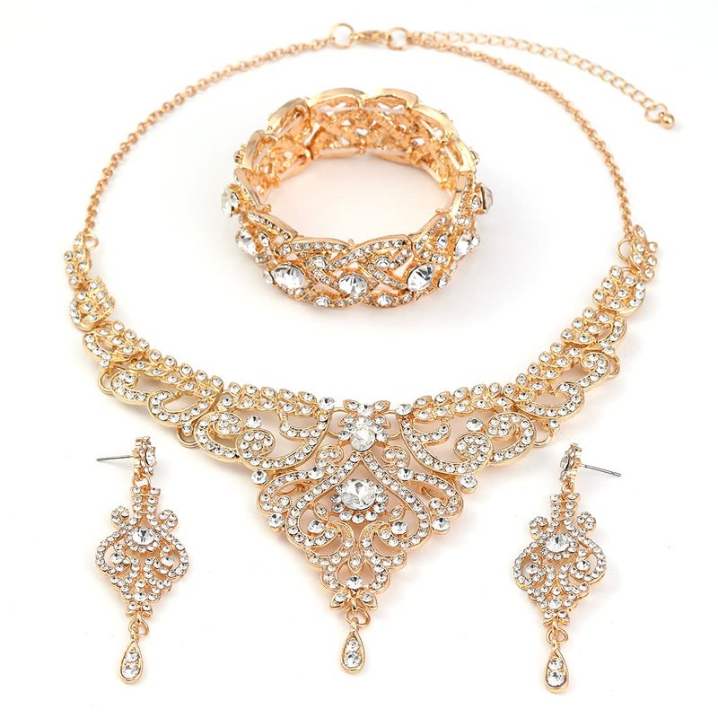Hapibuy Crystal Gold Bridal Wedding Necklace and Earrings Jewelry Set Bracelets For Women and Brides - Image 1