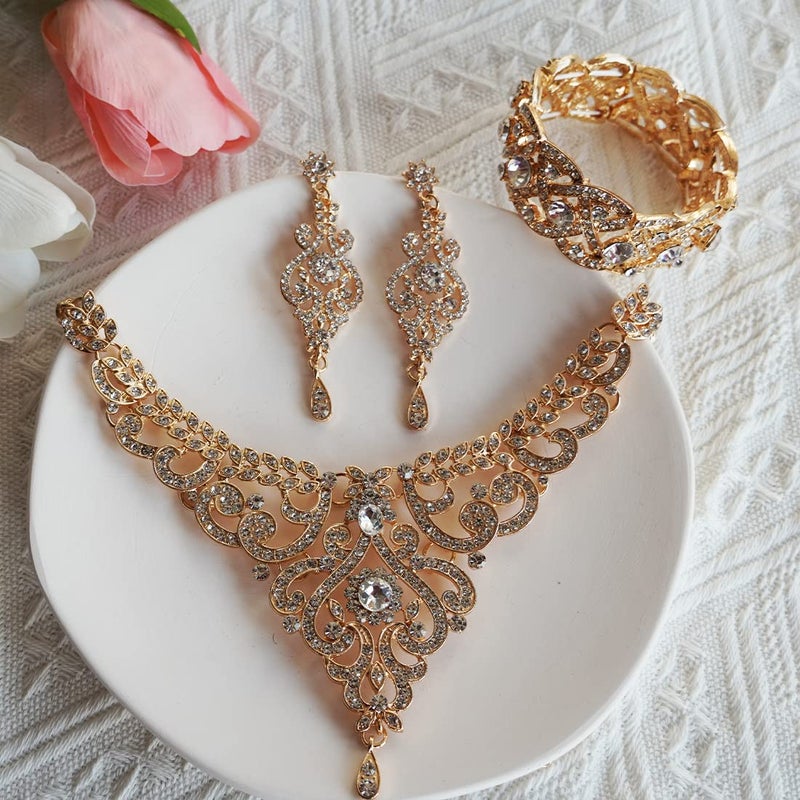 Hapibuy Crystal Gold Bridal Wedding Necklace and Earrings Jewelry Set Bracelets For Women and Brides - Image 5