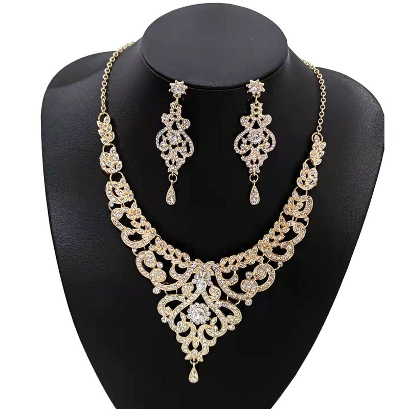 Hapibuy Crystal Gold Bridal Wedding Necklace and Earrings Jewelry Set Bracelets For Women and Brides - Image 2