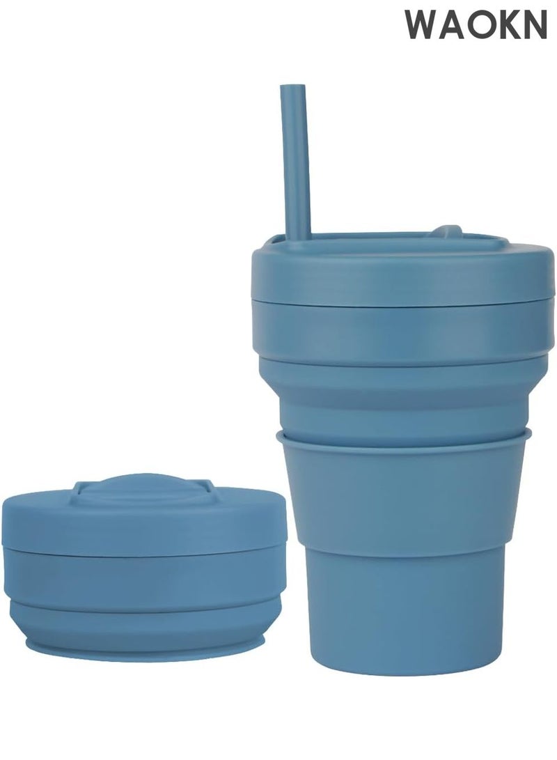 دبليو أيه أو كي أن كوب قهوة قابل للطي - كوب سفر قابل لإعادة الاستخدام سعة 16 أونصة مع غطاء مانع للتسرب وقشة سيليكون - تصميم صغير الحجم مناسب للجيب للمشروبات الساخنة/الباردة - كوب سيليكون صديق للبيئة خالٍ من مادة BPA للقهوة والشاي والعصائر - مثالي للتخييم والتنقل (أزرق) - Image 1