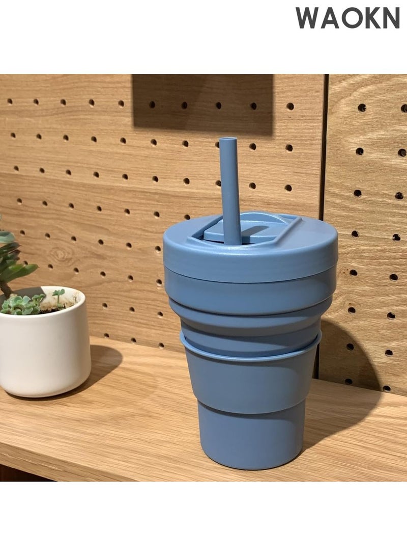 دبليو أيه أو كي أن كوب قهوة قابل للطي - كوب سفر قابل لإعادة الاستخدام سعة 16 أونصة مع غطاء مانع للتسرب وقشة سيليكون - تصميم صغير الحجم مناسب للجيب للمشروبات الساخنة/الباردة - كوب سيليكون صديق للبيئة خالٍ من مادة BPA للقهوة والشاي والعصائر - مثالي للتخييم والتنقل (أزرق) - Image 4