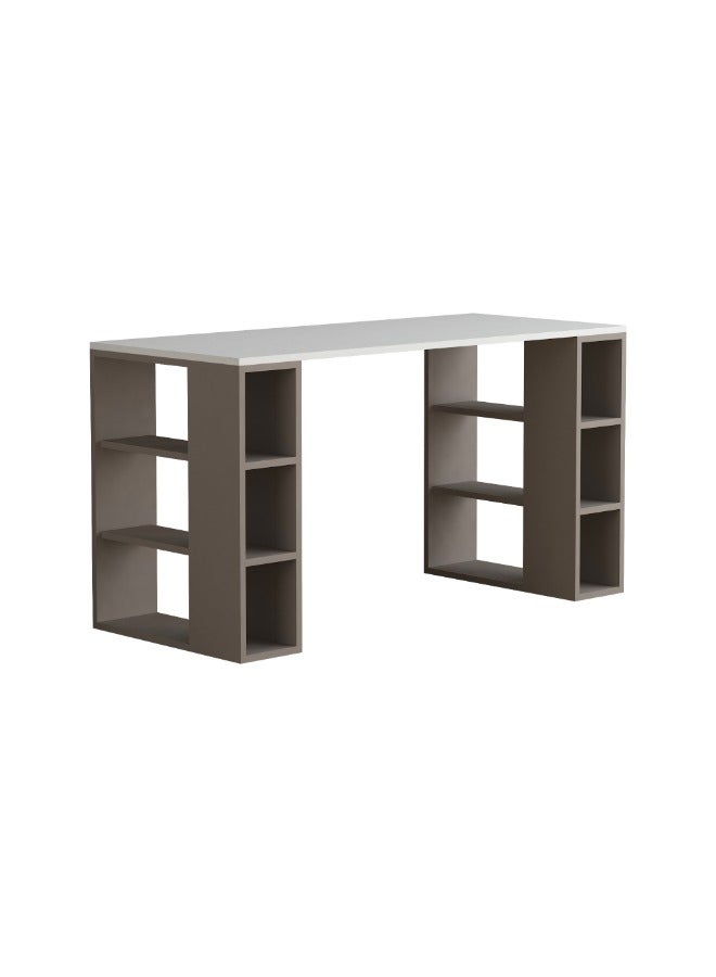 Mourah Home Colmar Modern Working Table With Storage – Study Desk For Home Study Room Office – 12 Open Shelves Simple Design – 60X75X140 Cm White/Light Mocha - Image 2
