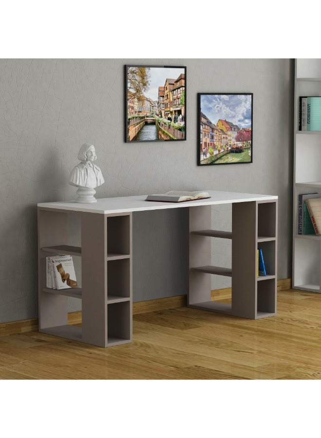 Mourah Home Colmar Modern Working Table With Storage – Study Desk For Home Study Room Office – 12 Open Shelves Simple Design – 60X75X140 Cm White/Light Mocha - Image 1
