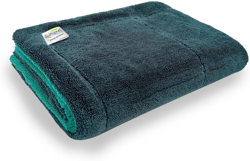 SOFTSPUN Microfiber Cloth for Car 1600 GSM 40x60 cms 1 Pcs Aqua Blue & Grey Twisted Loop Super Absorbent Towel - Edgeless Design with Plush Pile and Lint Free Cloth for Drying and Detailing. - Image 1