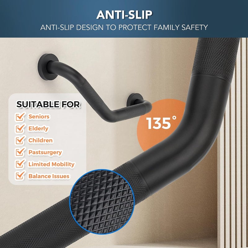 JOY DECOR Grab Bars for Bathtubs and Showers- 1-1/4 x 16 Angled Shower Grab Bar for Seniors Knurled Stainless Steel Handicap Grab Bars for Wall (Black, 1 Pack) - Image 5