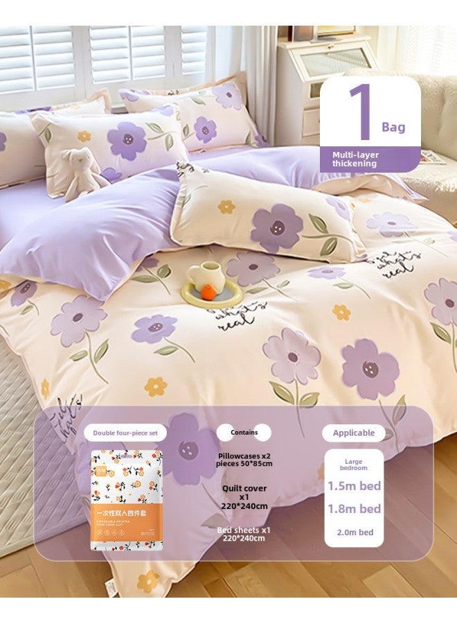 Disposable Bed Cover Quilt Cover Pillowcase Bed Cover Dirty Sterilization Disposable Travel Hotel Double Four-piece Bedding-Color:Four-piece Set For Two Persons [purple Flower]  - Image 1