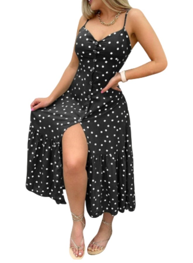 MANIKAN Women's Dress, Women's Polka Dot Summer Dress V-Neck, Spaghetti Straps Split Hem - Image 3