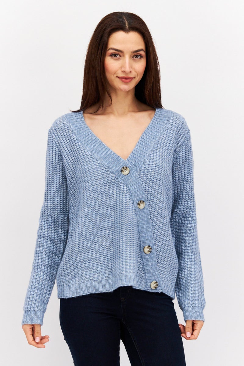 Fire & Glory Women V Neck Knitted Sweater, Heather Light Blue - Image 1