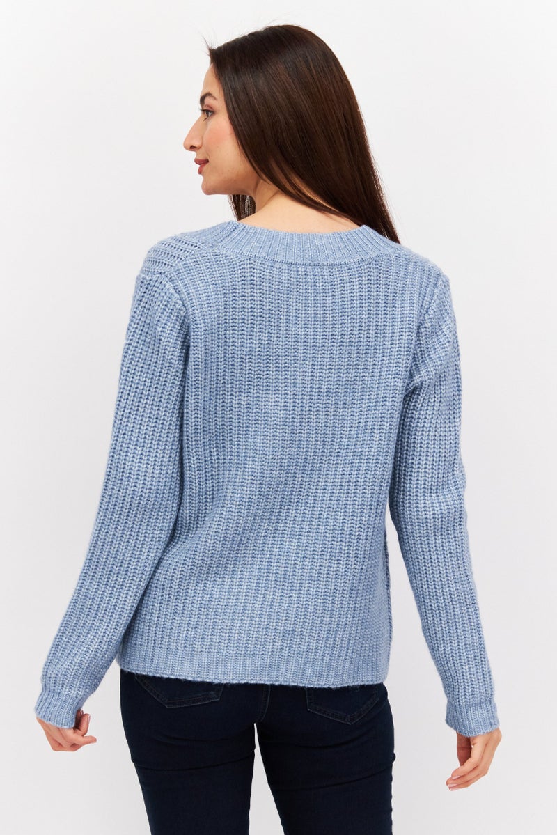 Fire & Glory Women V Neck Knitted Sweater, Heather Light Blue - Image 4