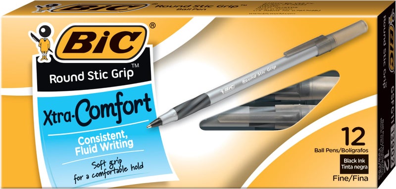 BIC Round Stic Grip Xtra-Comfort Ballpoint Pens, Medium Point, 1.2 mm, Gray Barrel, Black Ink, Pack Of 12 Pens - Image 1