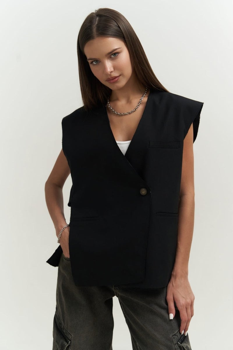 Mai Collection Sissela Side Slit Detail Black Vest  - Image 1