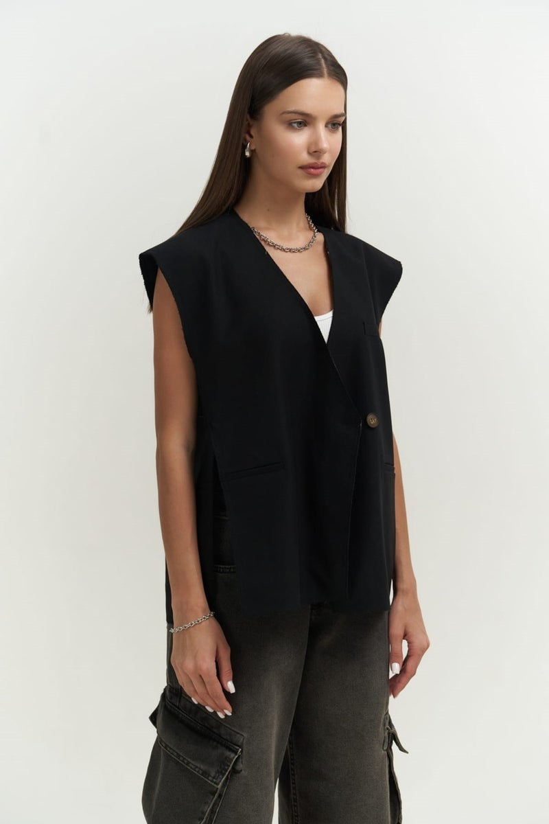 Mai Collection Sissela Side Slit Detail Black Vest  - Image 3