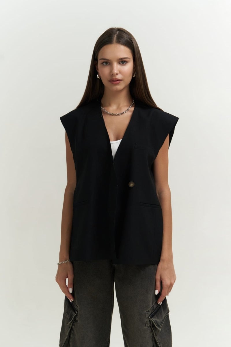 Mai Collection Sissela Side Slit Detail Black Vest  - Image 2