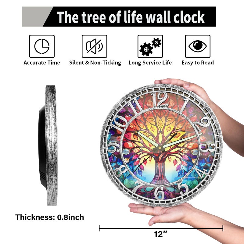 WANGIRO Tree of Life Wall Clock 12inch Silent Movement Clock Precise Timekeeping Wall Clock Ideal for Living Rooms Bedrooms Offices for Home Decor Enthusiasts Antique Silver - Image 3