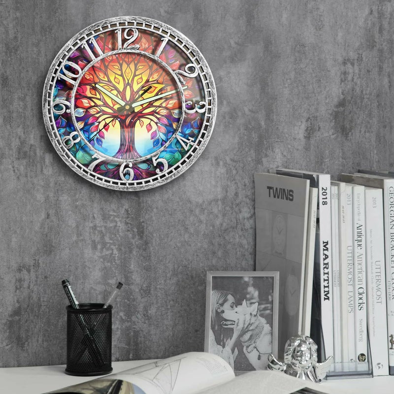 WANGIRO Tree of Life Wall Clock 12inch Silent Movement Clock Precise Timekeeping Wall Clock Ideal for Living Rooms Bedrooms Offices for Home Decor Enthusiasts Antique Silver - Image 2