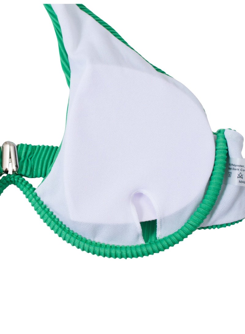 Women's 3-Piece Ribbed Swimsuit Set, Green Striped One-Shoulder Underwired Bikini with Bodycon Cover-Up Skirt - Image 3