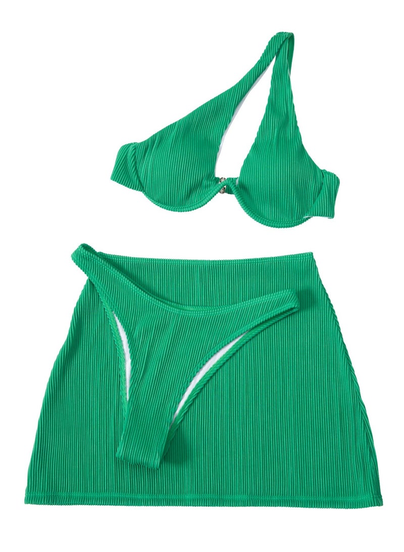 Women's 3-Piece Ribbed Swimsuit Set, Green Striped One-Shoulder Underwired Bikini with Bodycon Cover-Up Skirt - Image 5