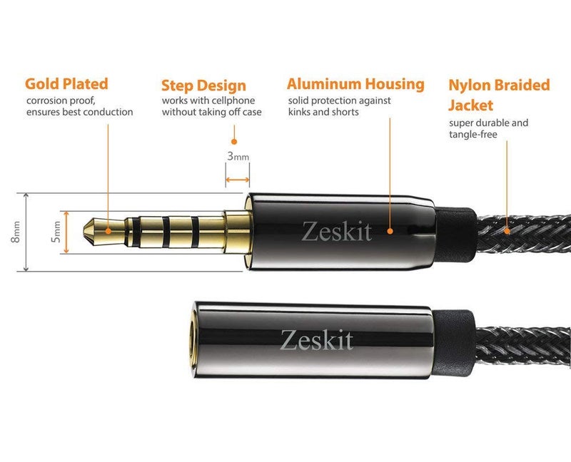 Zeskit Premium 3.5mm Jack Male to Female AUX Audio Extension Cable, TRRS 4 Poles for Headphones with Mic, Speakers - 12ft - Image 2