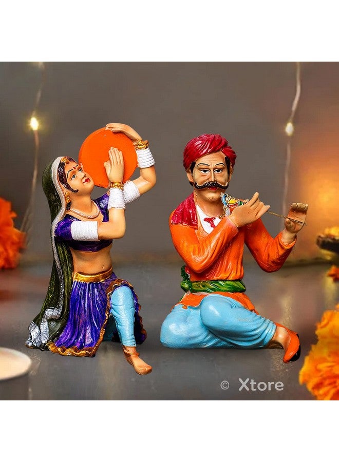 Xtore Resin Rajasthani Traditional Musical Couple Decorative Showpiece for Home Decor (Pack of 2, Multicolor) - Image 2