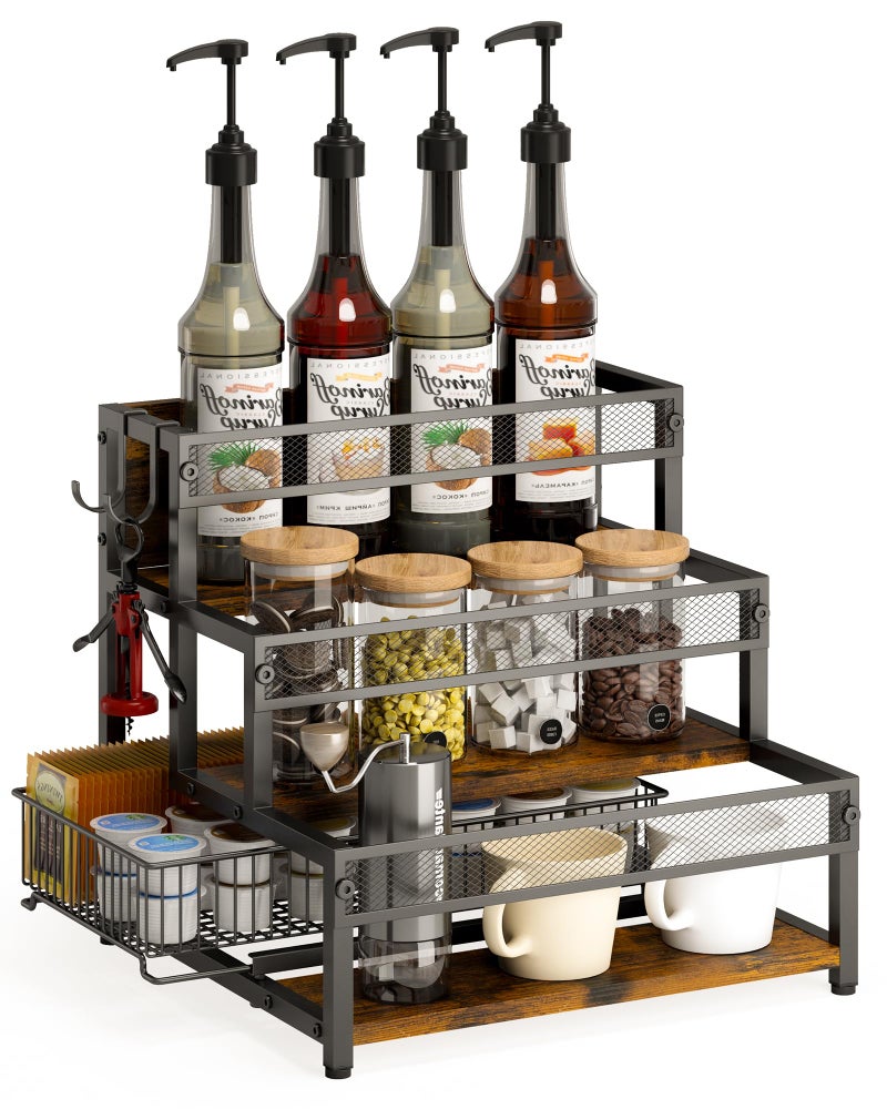LOTEYIKE 3 Tier Coffee Syrup Rack Organizer, 12 Water Bottles Holder Stand Liquor Cabinet Storage, Wine Rack Countertop Storage Rack Coffee Bar Cabinet for Kitchen - Image 1